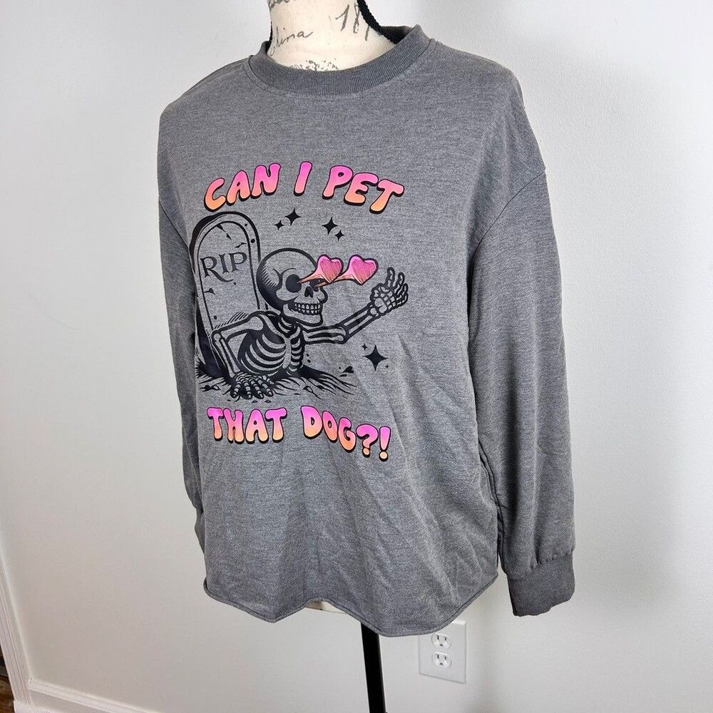 Shein Can I Pet That Dog Skeleton Sweatshirt Womens Medium Gray Halloween Crew - Picture 2 of 8
